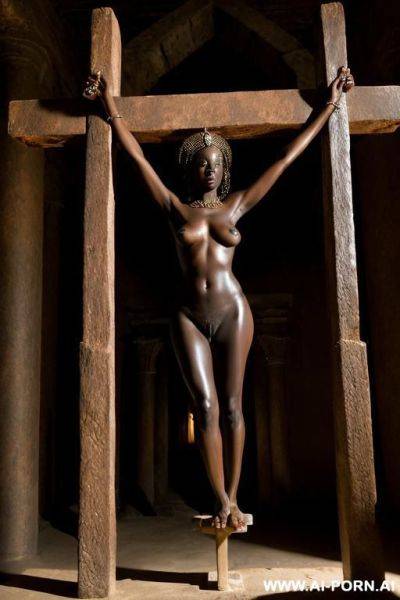 African princess, nude, sad, crucified, in a dark temple - ai-porn.ai on pornsimulated.com