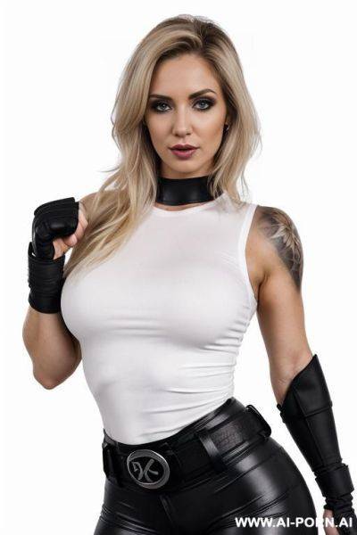 ((beautiful gothic woman with athletic body, athletic build, gorgeous figure, wide hips, natural breasts, expressive thick black eyebrows,)) ((body covered with tattoos, white skin, she is wearing a - ai-porn.ai on pornsimulated.com