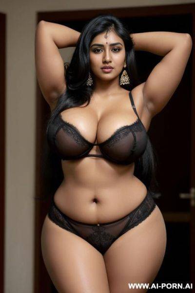 Indian woman, dark skin, long black hair, massive breasts, chubby, (((very thick arms))), massive boobs, hairy pussy, black armpit hair - ai-porn.ai - India on pornsimulated.com