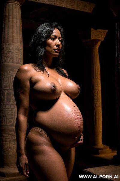 Two women, hawaian, sad, lactation, pregnant, big natural boobs, nude in a dark egiptian temple, tatoos, at night - ai-porn.ai on pornsimulated.com