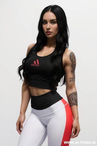 ((beautiful woman with athletic body, athletic build, gorgeous figure, wide hips, natural breasts, long wavy black hair, expressive thick black eyebrows,)) ((body covered with tattoos, white skin, - ai-porn.ai on pornsimulated.com