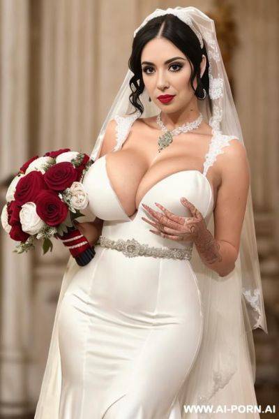 Agressive makeup, red lipstick, skin, black stockings, black elbow lenght gloves, black bride veil, pressing large bouquet of red roses to her chest - ai-porn.ai on pornsimulated.com