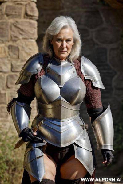 Wrinkly old gilf, high fantasy, (((wearing armor))), carrying a sword, hairy pussy, nude - ai-porn.ai on pornsimulated.com