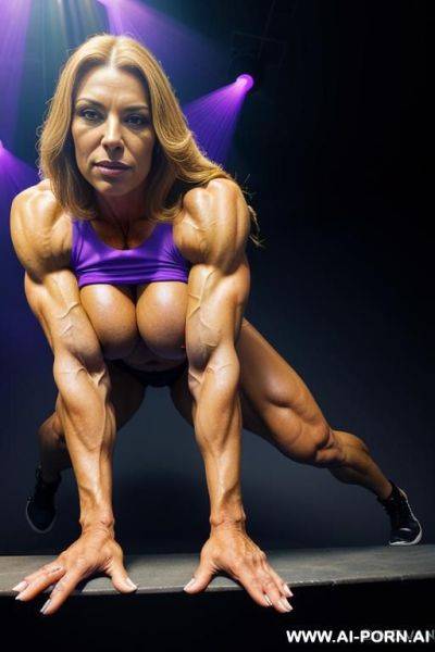 Beautiful and sexy female bodybuilder showing off her huge massive muscular legs and her naked boobs and her wet pussy - ai-porn.ai on pornsimulated.com