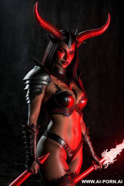 Fantasy style, athletic demon, red skin, horns, wearing black armor - ai-porn.ai on pornsimulated.com