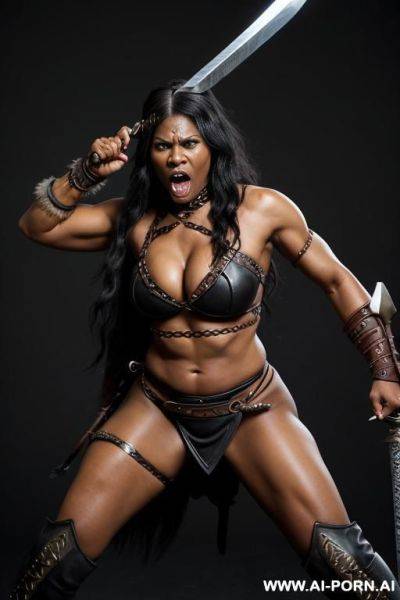 Black woman, ((barbarian woman)), angry face, swinging sword - ai-porn.ai on pornsimulated.com