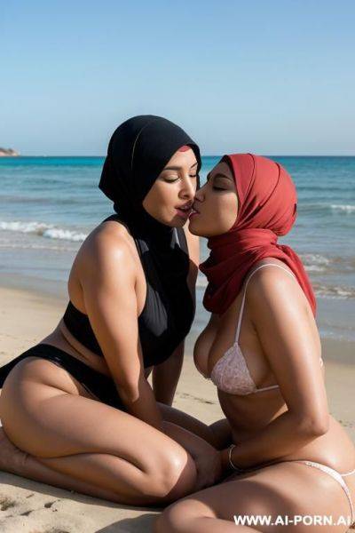 Lesbian woman with a pikiny sitting beside the beach kissing a hijab lesbian women from her mouth and playing with her pussy - ai-porn.ai on pornsimulated.com