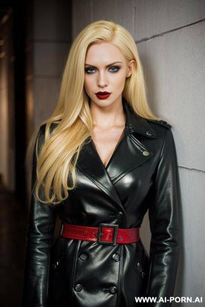 Vampire look. bright red eyes. wearing a long black leather coat. - ai-porn.ai on pornsimulated.com