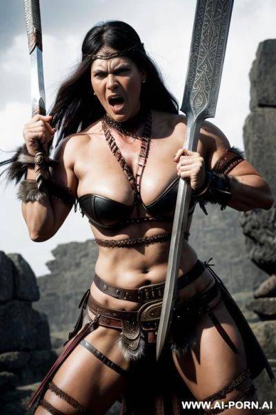 ((barbarian woman)), angry face, swinging sword - ai-porn.ai on pornsimulated.com