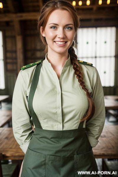 (place: dim mess hall); (wearing "green military uniform" and "white apron") - ai-porn.ai on pornsimulated.com