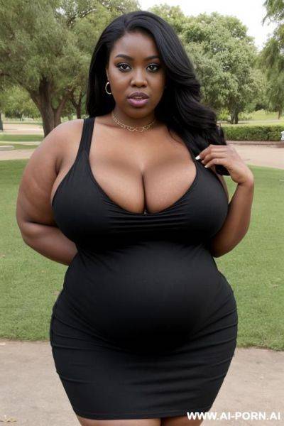 A very fat black woman, she has a big belly, she has huge saggy breast, she is wearing a black dress, standing at the park - ai-porn.ai on pornsimulated.com