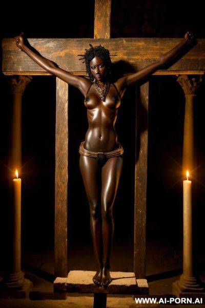 African princess, sad, crucified, in a dark temple - ai-porn.ai on pornsimulated.com