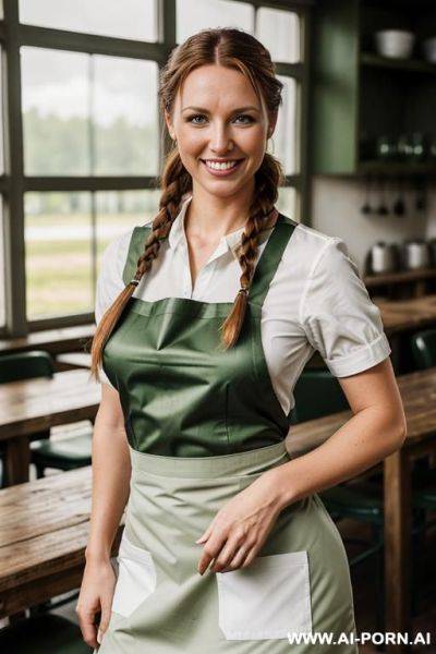 (place: dim empty mess hall); (wearing "green military uniform, top completly open" and "white apron", ) - ai-porn.ai on pornsimulated.com