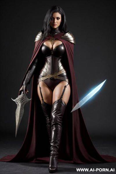 Fantasy setting, woman wearing cloak, holding a dagger in each hand, - ai-porn.ai on pornsimulated.com