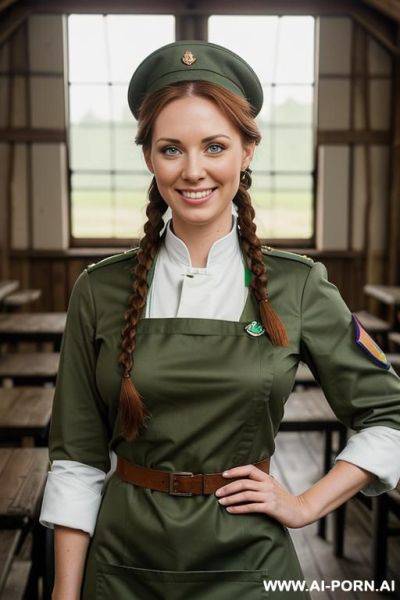 (place: dim mess hall); (wearing "green military uniform, top opened" and "white apron", ) - ai-porn.ai on pornsimulated.com