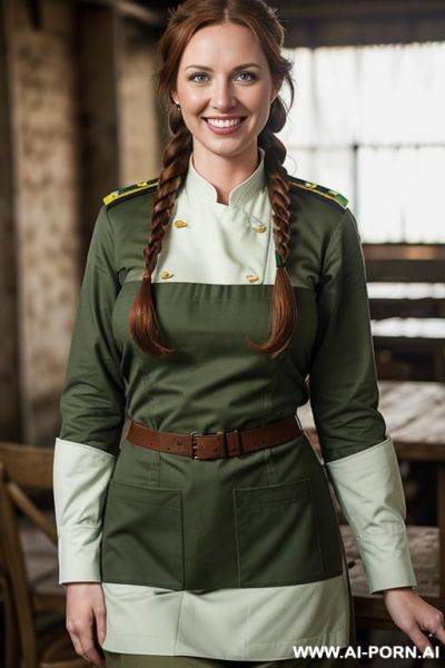 (place: dim mess hall); (wearing "green military uniform, unbuttoned" and "dirty white apron", ) - ai-porn.ai on pornsimulated.com