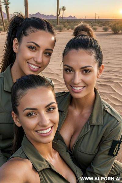 (desert sanctuary, palm trees, water); twins, olive skin, enjoying the sun, military jumpsuit, cleavage - ai-porn.ai on pornsimulated.com