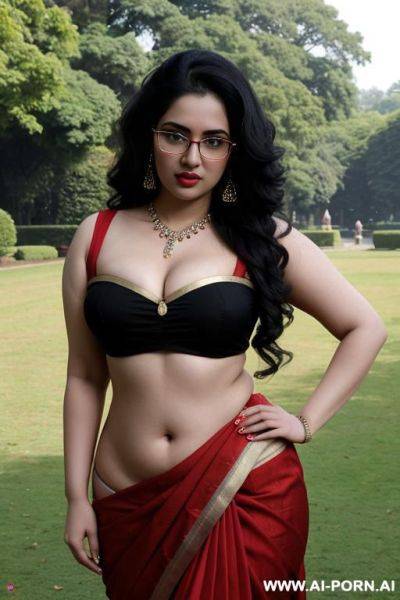 Pale skin, cute, beautiful, indian women, round glasses, round boobs, red saree, navel piercing, chubby - ai-porn.ai - India on pornsimulated.com