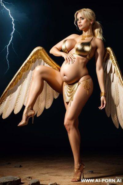 Pregnant goddess of lightning, massive boobs, white roman toga, toned body, gold necklace, gold bracelets, angle wings, lightning temple, shooting lightning, show full body - ai-porn.ai on pornsimulated.com