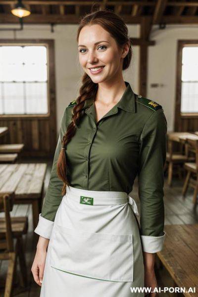 (place: dim mess hall); (wearing "green military uniform" and "white apron") - ai-porn.ai on pornsimulated.com