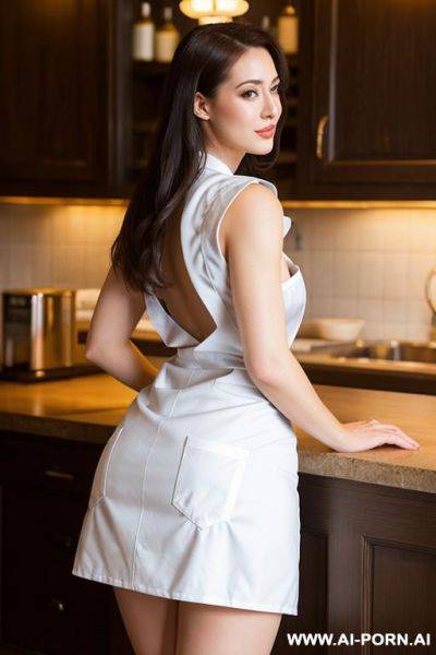 Naked waitress, wearing a short old apron waitress uniforms, showing perfect round butt, back view, rich mansion - ai-porn.ai on pornsimulated.com