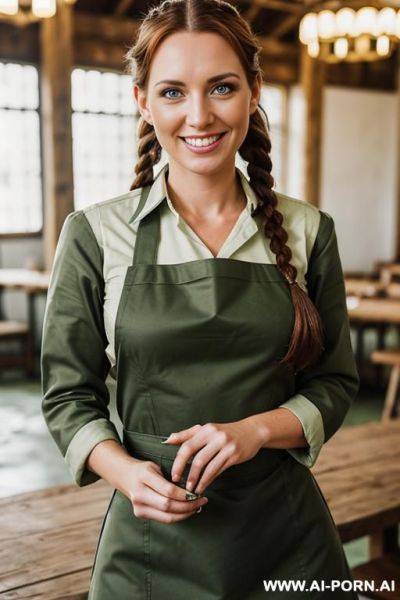 (place: dim mess hall); (wearing "green military uniform, top opened" and "white apron", ) - ai-porn.ai on pornsimulated.com