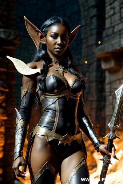 Fantasy setting, (((elf))), (((black skin))), ((wearing elf armor)), holding sword - ai-porn.ai on pornsimulated.com