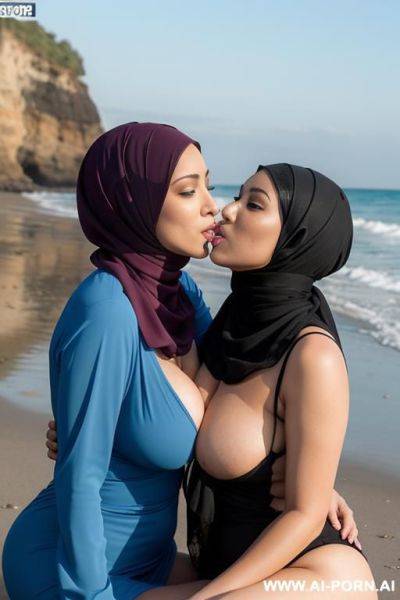 Lesbian woman with a pikiny sitting beside the beach kissing a hijab lesbian women from her mouth and playing with her pussy - ai-porn.ai on pornsimulated.com