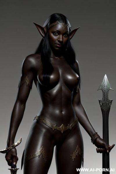 Fantasy setting, (((black skinned elf))), nude, holding sword - ai-porn.ai on pornsimulated.com