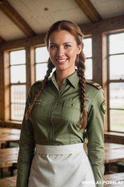 (place: dim mess hall); (wearing "green military uniform, top unbuttoned" and "white apron", ) - ai-porn.ai on pornsimulated.com