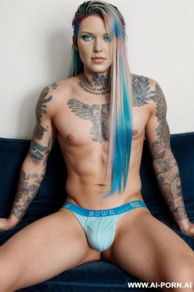 Blue underwear, shaved temples, long hair, trans flag colored hair, nude - ai-porn.ai on pornsimulated.com