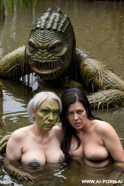 (((lesbian couple))), both female ((swamp monster)) - ai-porn.ai on pornsimulated.com