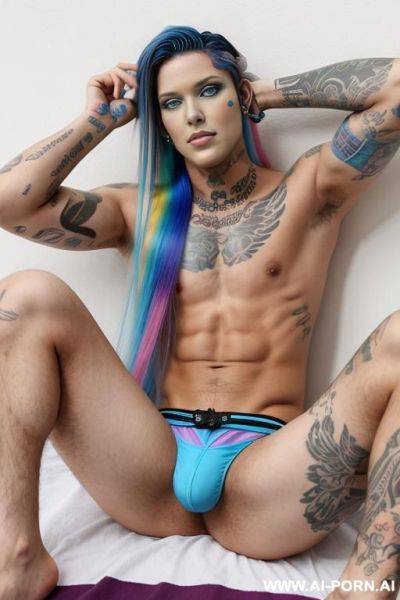 Blue underwear, shaved temples, long hair, trans flag colored hair - ai-porn.ai on pornsimulated.com