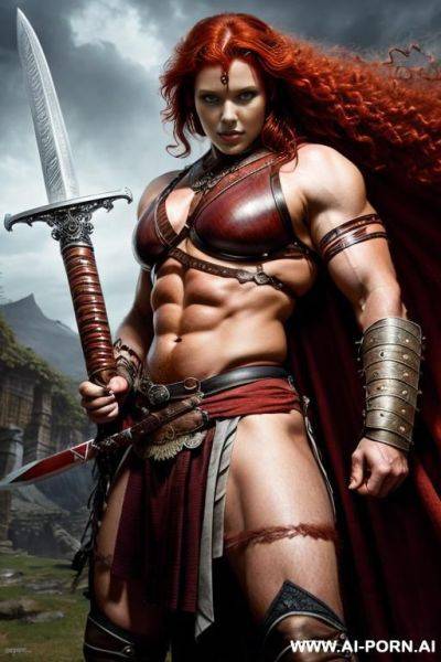 Fantasy setting, barbarian, curly red hair, strong pose, holding sword, - ai-porn.ai on pornsimulated.com