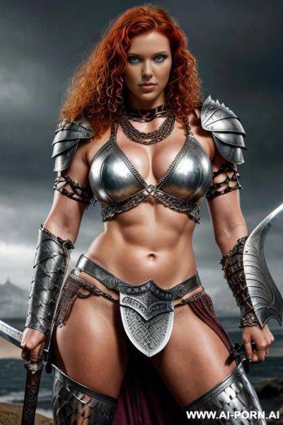 Fantasy setting, female barbarian, curly ginger hair, silver chain mail bikini armor, strong pose, holding sword, - ai-porn.ai on pornsimulated.com