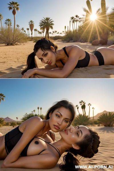 (desert sanctuary, palm trees); twins, olive skin, enjoying the sun - ai-porn.ai on pornsimulated.com