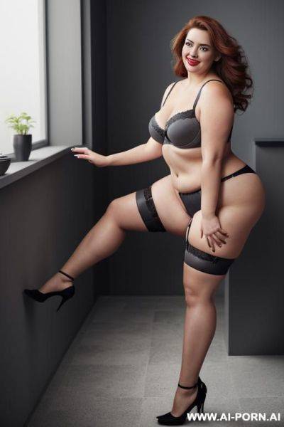 Full body photo shot from dinamyc angle, photo studio, fat bbw curvy woman, wearing a sexy and hot blue garter belt lingeries, she is stand up, wearing a cuppless bra, red lips. - ai-porn.ai on pornsimulated.com