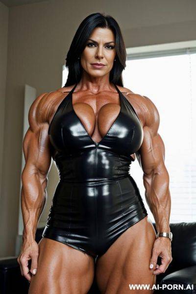 Giant, strong, muscular milf in full leather showing her biceps, in push setting - ai-porn.ai on pornsimulated.com