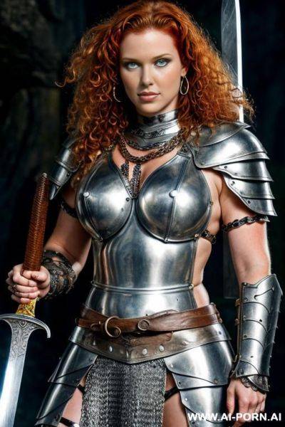 Fantasy setting, female barbarian, curly ginger hair, silver chain mail, armor, strong pose, holding sword, - ai-porn.ai on pornsimulated.com