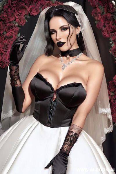 ((naked body)), ((shaved pussy)), agressive makeup, red lipstick, ( skin), (((black stockings))), (((black satin elbow lenght gloves))), (((black bride veil))), ((pressing large bouquet of red roses to her chest)) - ai-porn.ai on pornsimulated.com