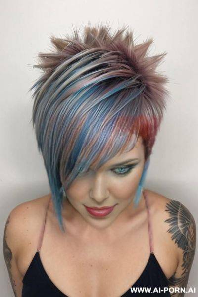 Spiky medium length hair with blue highlights, nude - ai-porn.ai on pornsimulated.com