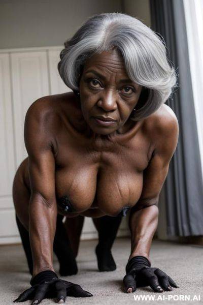 Ebony grandma, ((looking at the camera)), ((eyes contact)), old skin, old face, cruel woman, topless, no panties, shows hairy pussy, femdom woman, full body view, black gloves, on all fours - ai-porn.ai on pornsimulated.com