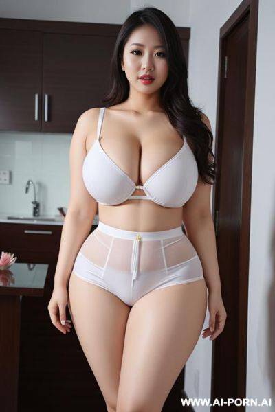 Massive tits, massive ass, big hips, big waist, thick, stand up, white thigh panties, no bottom clothes, malay woman - ai-porn.ai on pornsimulated.com