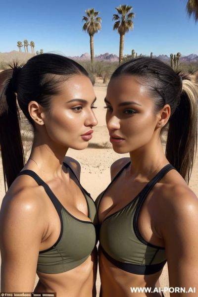 (place: desert sanctuary, palm trees); twins; olive skin, sports bra - ai-porn.ai on pornsimulated.com