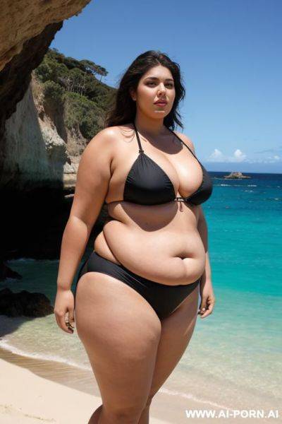 A huge fat woman, she can hardly walk she is so fat, huge obese body, she is wearing a huge black bikini, she is standing by a cave by the ocean, back view - ai-porn.ai on pornsimulated.com