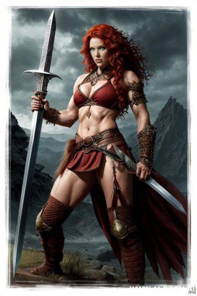 Fantasy setting, barbarian, curly red hair, strong pose, holding sword, - ai-porn.ai on pornsimulated.com