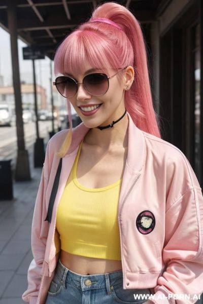 1, soft facial features, h, dyed pink hair that she ties back with ribbon into a high ponytail with blunt bangs and two strands that frame her face. she wears an open yellow varsity - ai-porn.ai - Poland on pornsimulated.com