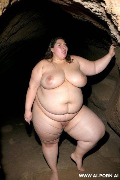 A huge fat woman, she can hardly walk she is so fat, huge obese body, she is naked, a man is sucking on her big tits, they are inside a big dark cave - ai-porn.ai on pornsimulated.com