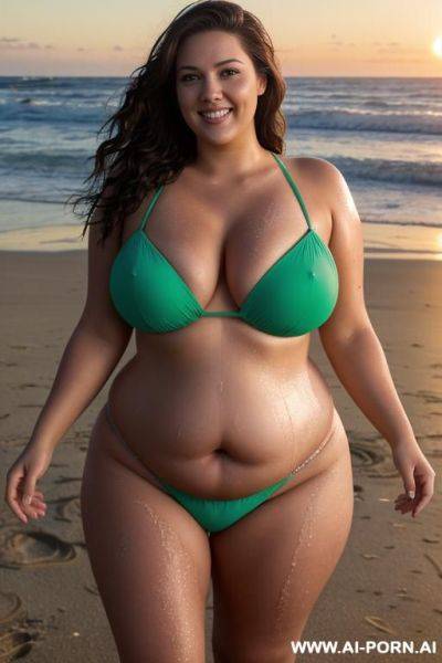 Beach, sea in the background, high waves, windy, sunset, footprints in the sand, shells in the sand, wet, water on the body, naked, fat figure, fat, fat woman, 1 woman, gigantic breasts, - ai-porn.ai on pornsimulated.com