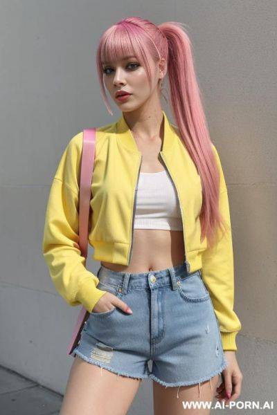 1, soft facial features, skin, dyed pink hair that she ties back with ribbon into a high ponytail with blunt bangs and two strands that frame her face. she wears an open yellow varsity jacket, yellow crop top, denim shorts, sneakers, yellow nail polish. - ai-porn.ai - Poland on pornsimulated.com